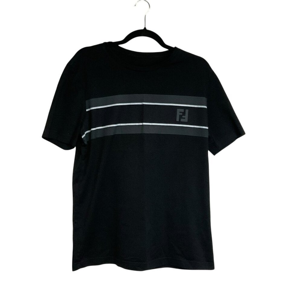 Fendi Men’s Black Cotton T-shirt With Striped‎ And Logo FF Print Size 52 Medium